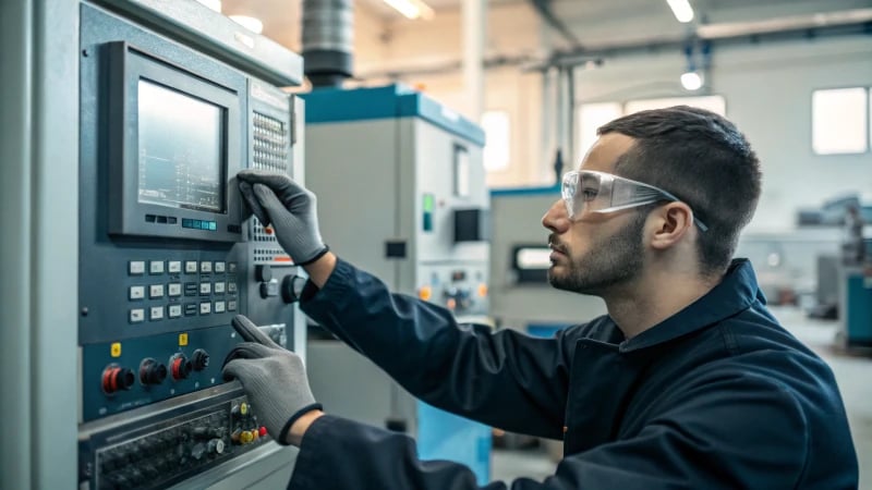 A technician adjusting a high-tech plastic injection molding machine in a modern facility