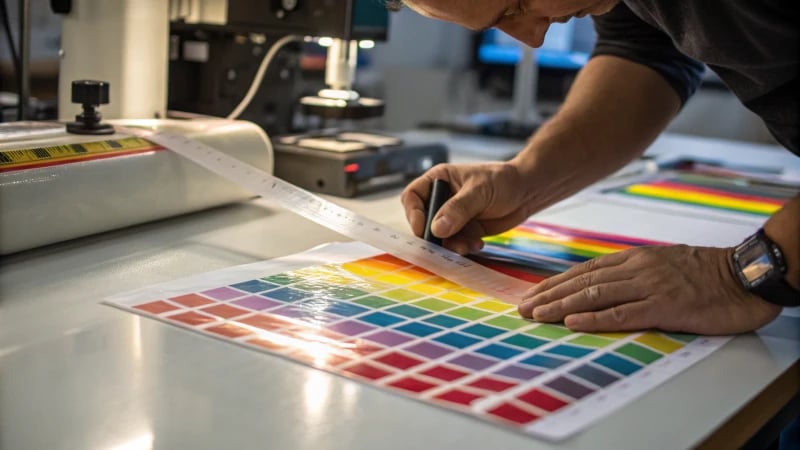 Technician applying tape on a colorful plastic surface