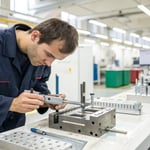 Technician using a caliper on an injection mold in a manufacturing facility
