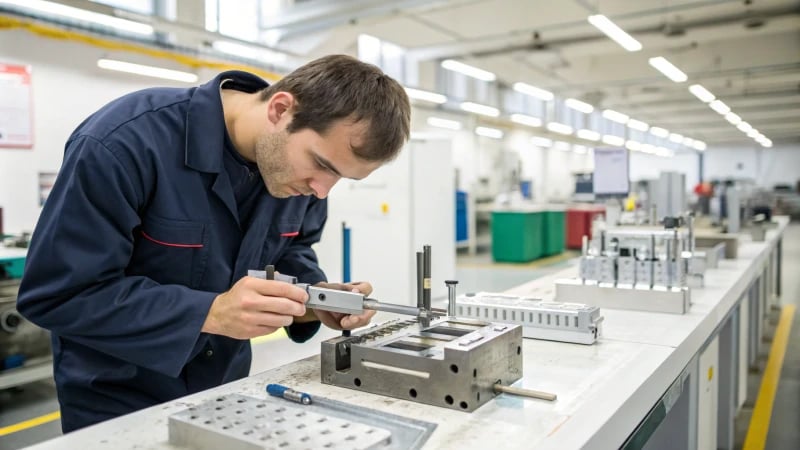 Technician using a caliper on an injection mold in a manufacturing facility