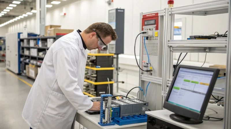 A technician in a lab coat examines a runner system with sensors and monitors.