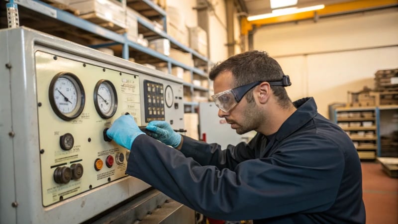 Technician adjusting an injection molding machine