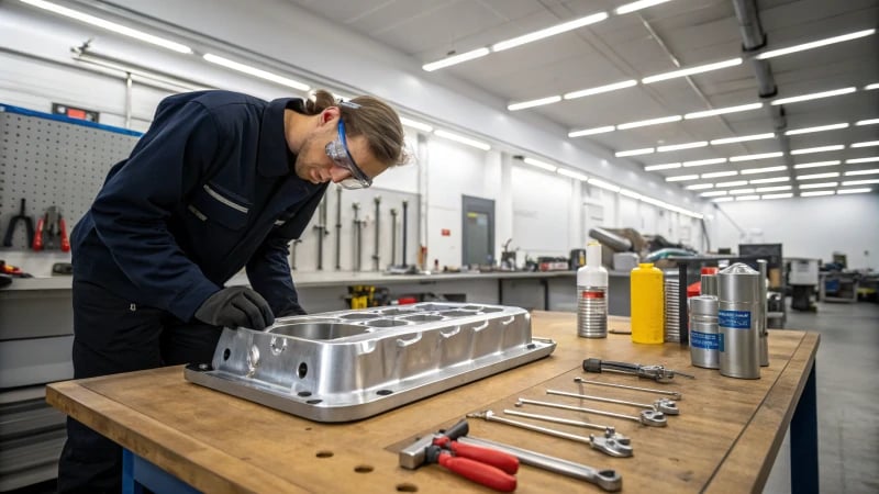 A technician inspecting an injection mold in a workshop.