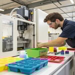 A technician adjusting a plastic injection molding machine in a clean manufacturing facility.