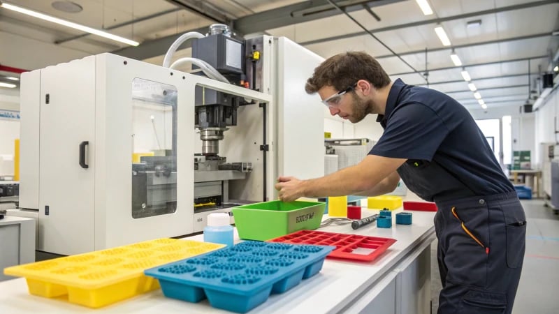 A technician adjusting a plastic injection molding machine in a clean manufacturing facility.