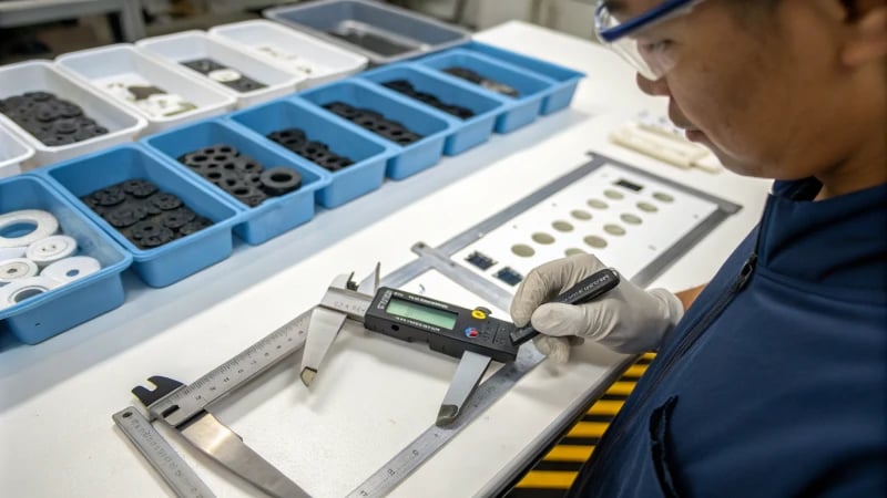 A technician measuring molded plastic parts with calipers on a clean workstation.