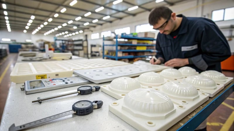 Technician inspecting plastic molded parts on a workbench in a manufacturing facility