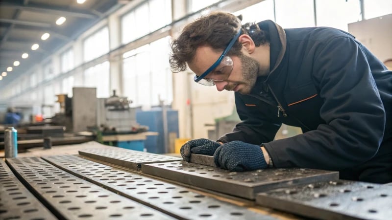 A technician inspecting steel samples in a workshop