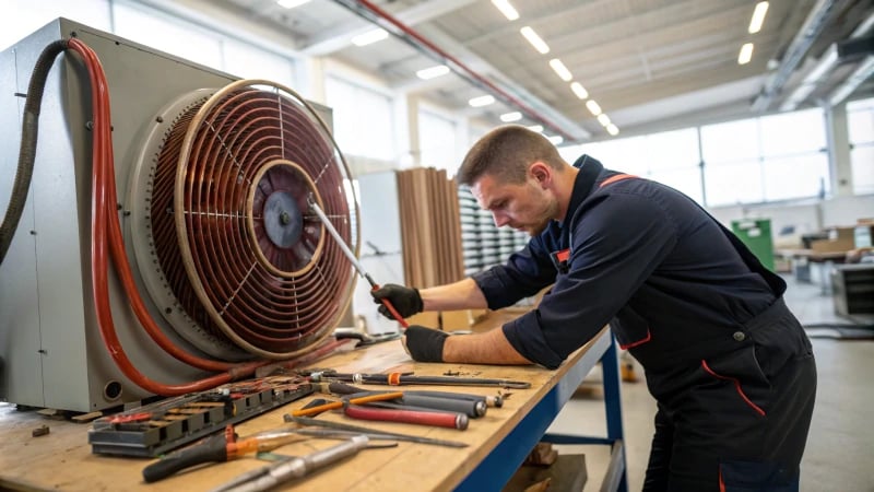 A technician installing a heating ring on an industrial machine