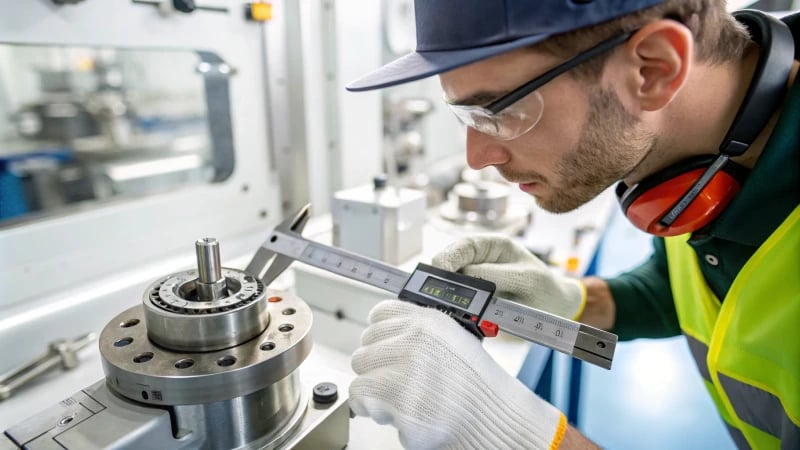 Technician using calipers in a manufacturing environment