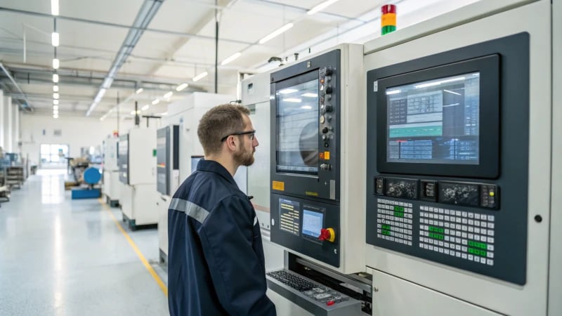 A technician in a factory monitoring a machine