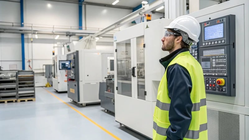 A technician observing a mold trial in a manufacturing plant