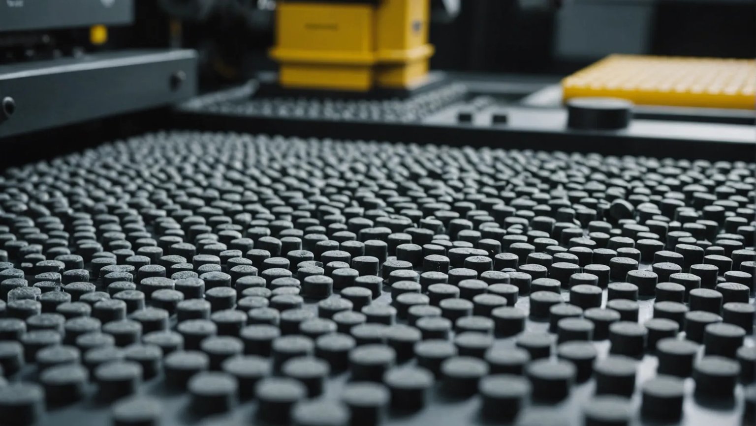 Close-up of thermosetting plastic pellets and an injection molding machine