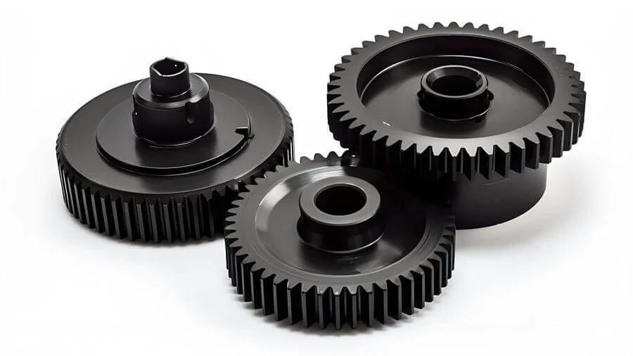 Three black gears arranged against a white backdrop