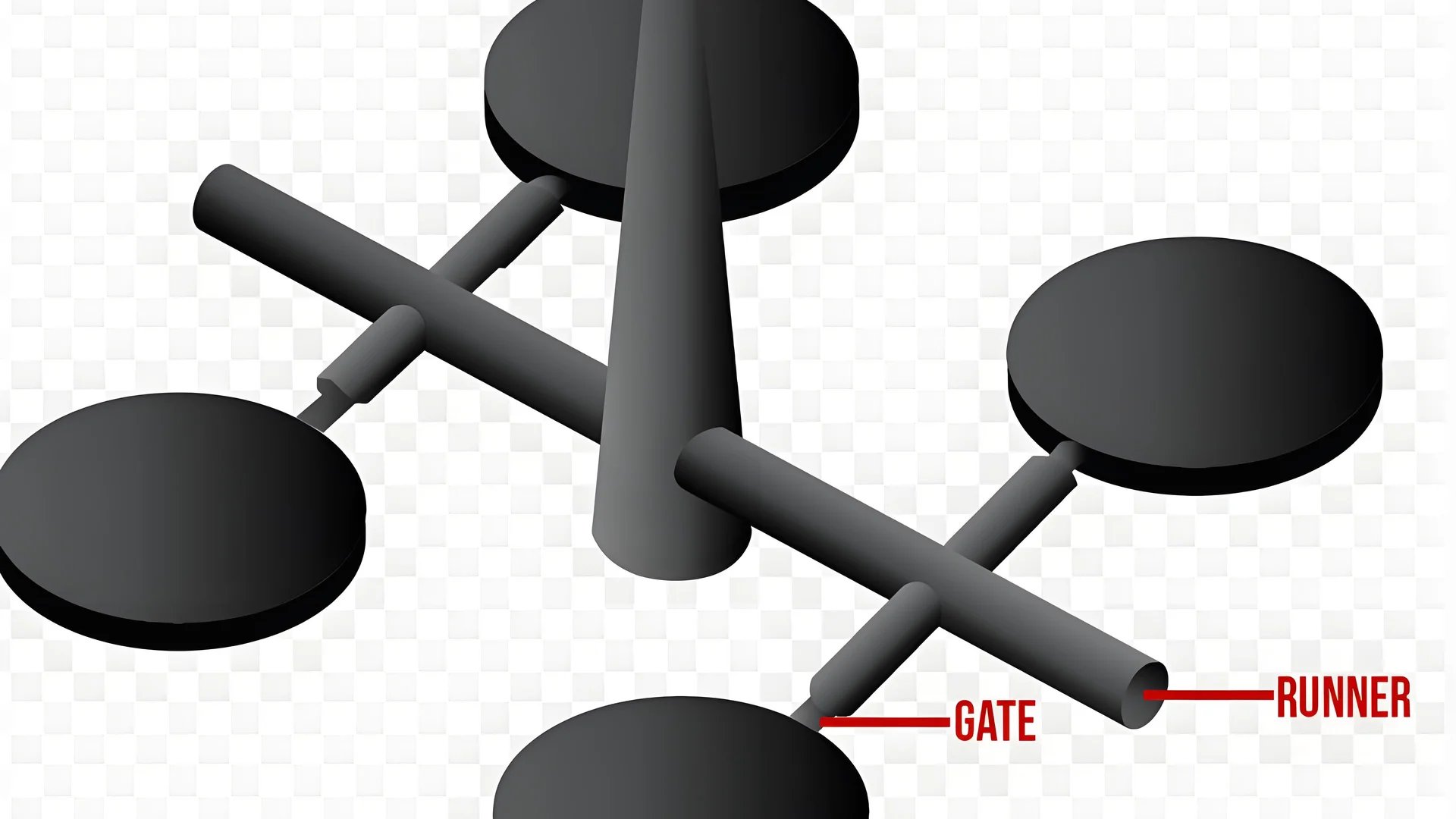 Photorealistic injection mold showcasing the gate area with a ruler