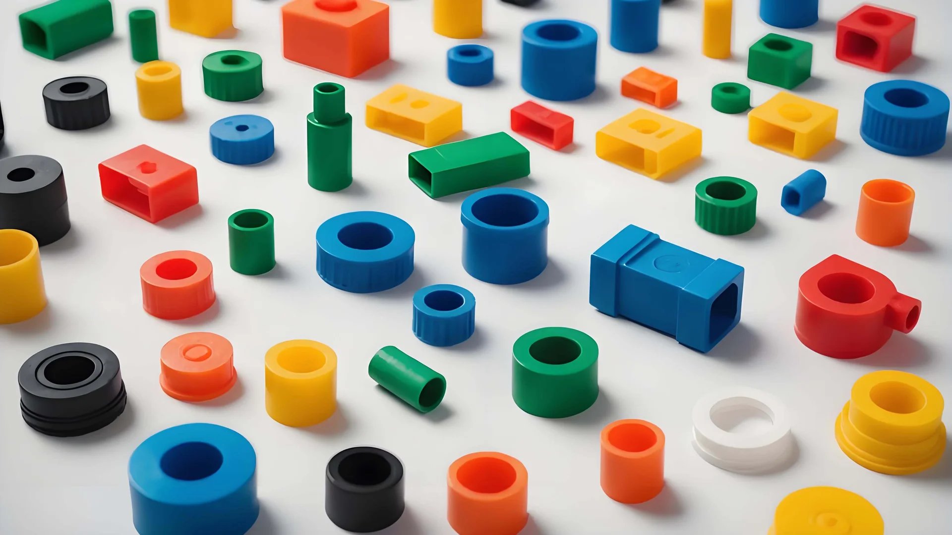 Various injection molded parts with different colors on a white background