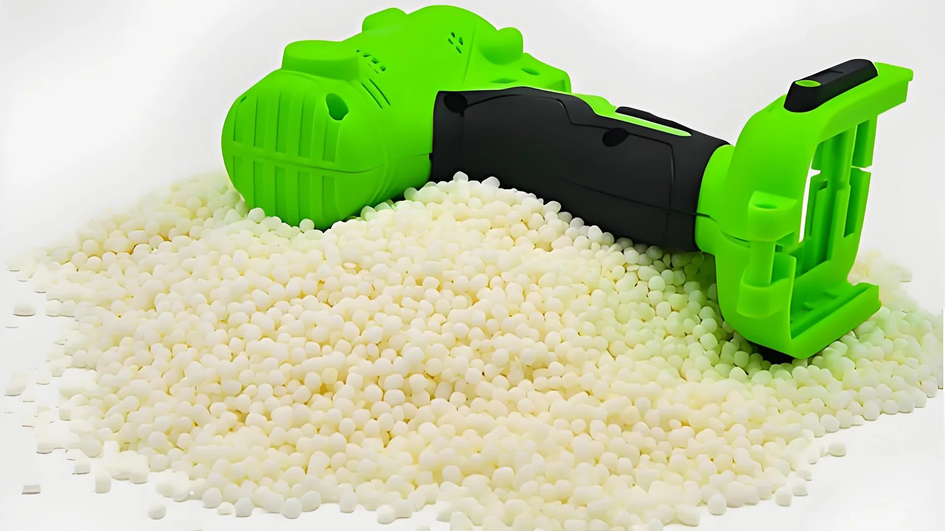 A vibrant green tool set against a backdrop of white plastic beads, enhancing its ergonomic design.