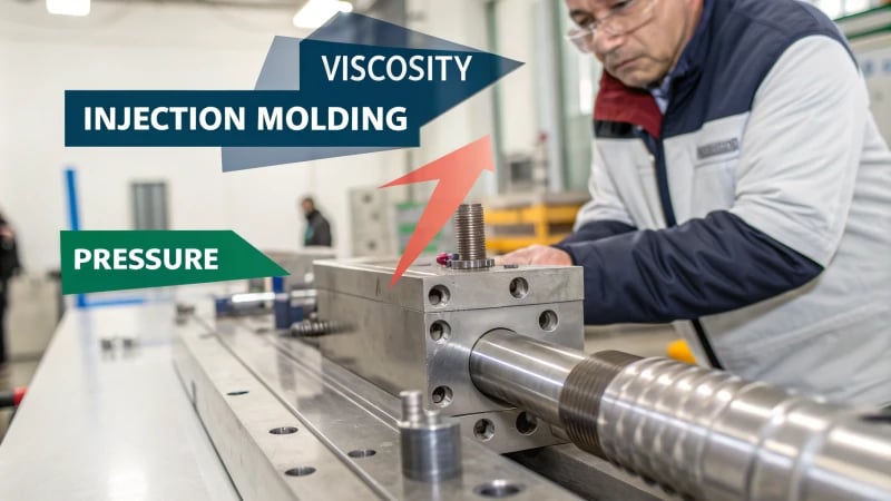 Infographic illustrating the relationship between material viscosity and injection pressure