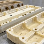 Close-up of warped plastic parts showcasing manufacturing defects