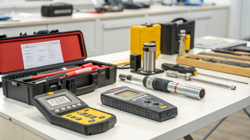 A well-lit workbench with quality control inspection tools