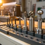 A well-organized workshop bench with precision milling tools