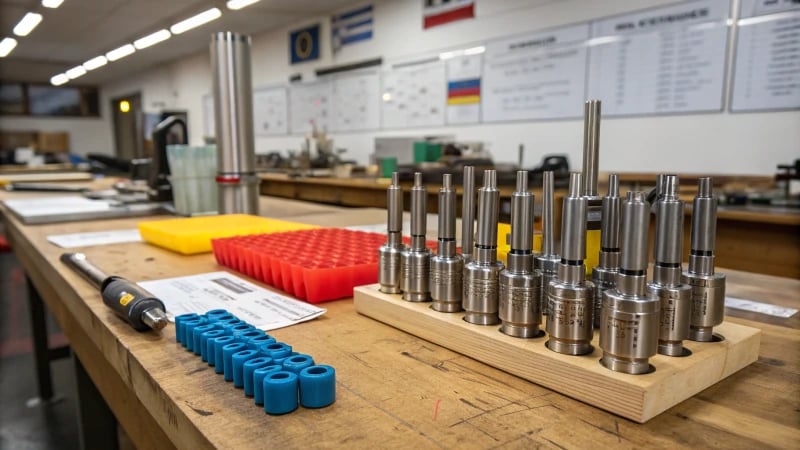 A well-organized workshop with ejectors and sleeve needles on a workbench