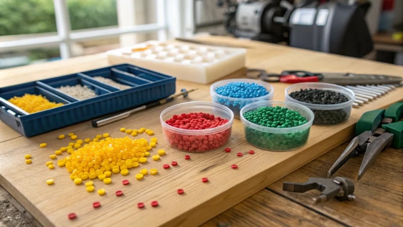 A workshop filled with colorful plastic pellets and molded products