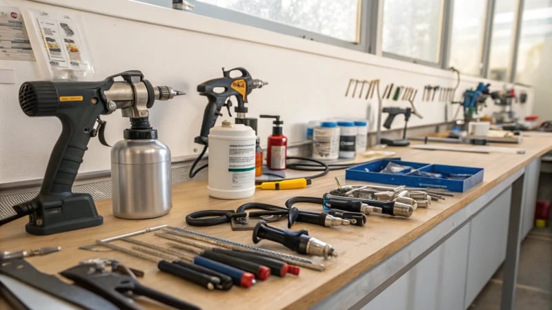 A workshop table with various surface treatment tools