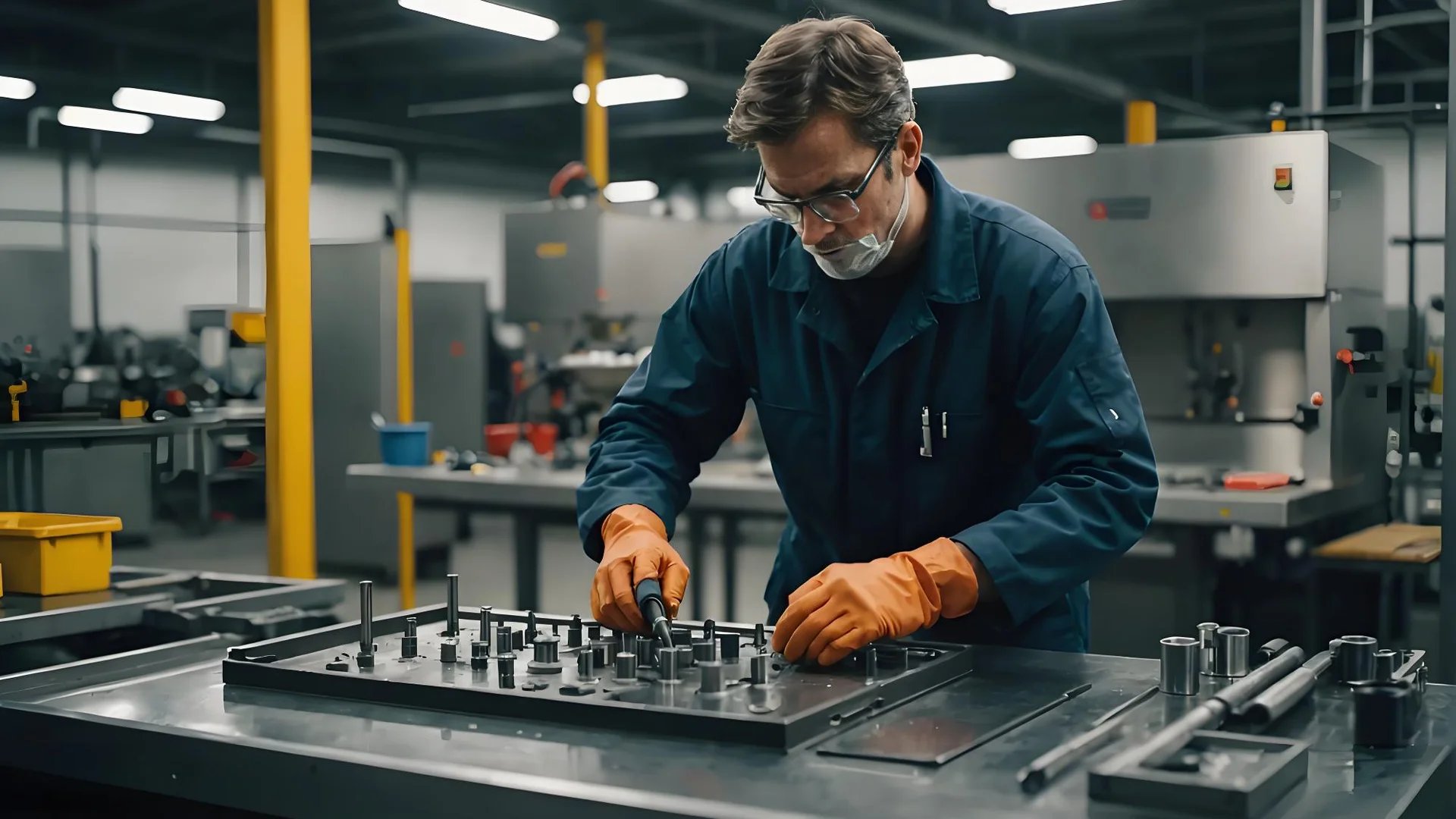 Technicians inspecting injection molds in a workshop