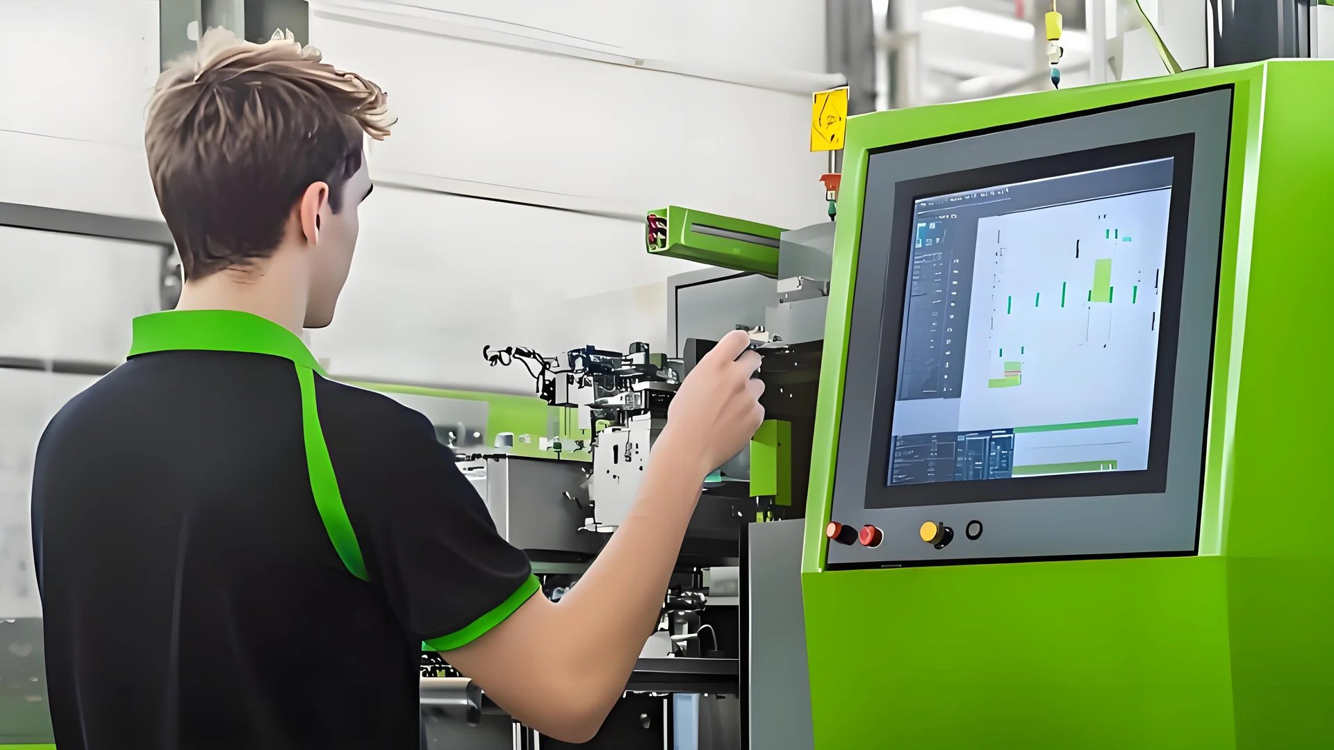 Control panel of an industrial injection molding machine in a factory