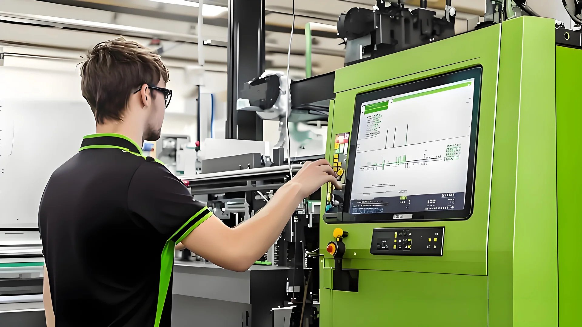 Close-up of an industrial plastic injection molding machine control panel