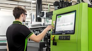 Young individual operating a bright green machine in an industrial workspace
