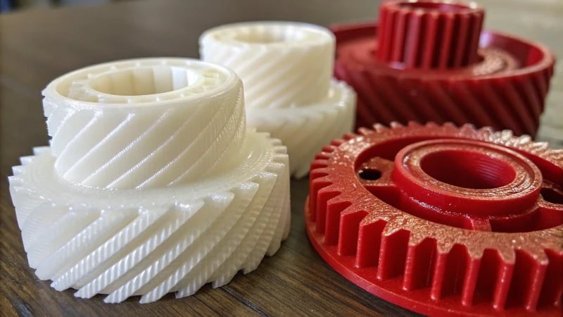 Close-up of various 3D printed parts showcasing different textures and materials