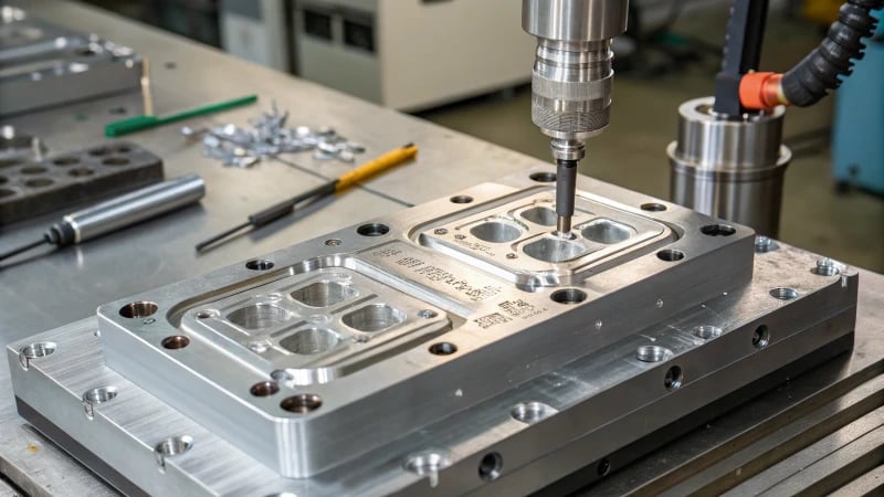 Close-up of an advanced injection mold for plastic manufacturing