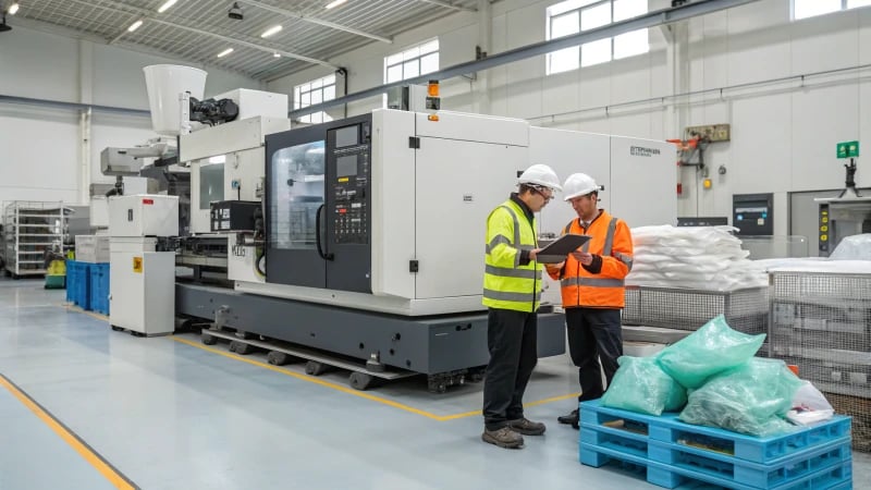 Engineer examining a component in a manufacturing facility