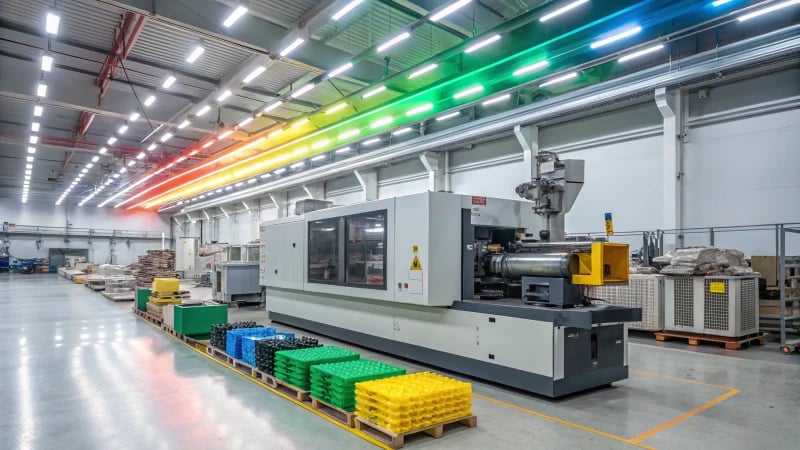 Close-up view of an injection molding machine with molten plastic