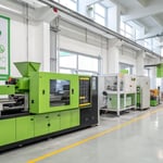 Photorealistic image of an advanced injection molding machine in a factory