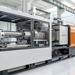 A photorealistic injection molding machine in a factory setting