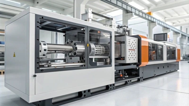 A photorealistic injection molding machine in a factory setting