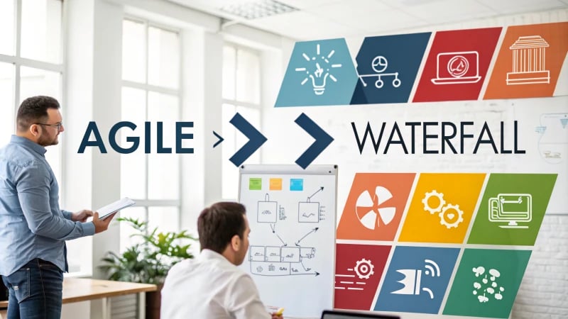 Infographic comparing Agile and Waterfall methodologies in product development.