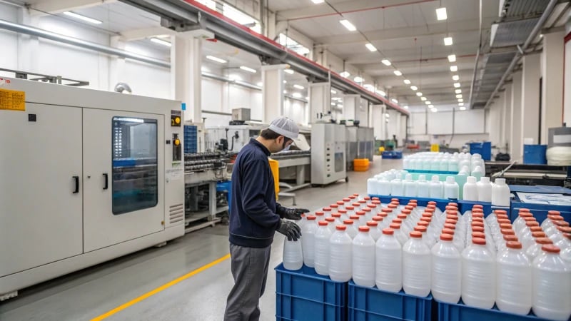 Technician monitoring blow molding machine in a manufacturing facility