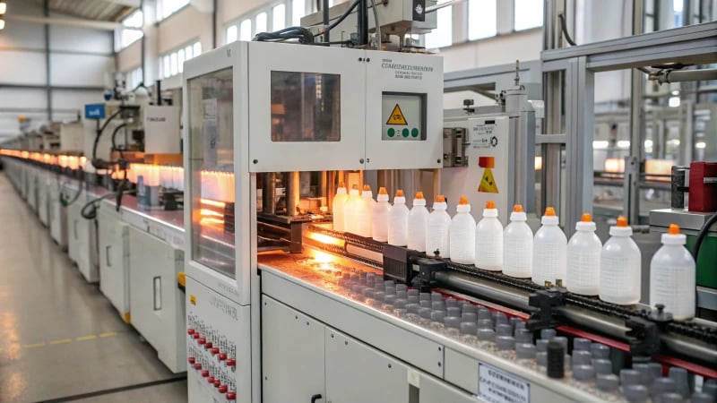 A photorealistic illustration of the blow molding process in a factory.