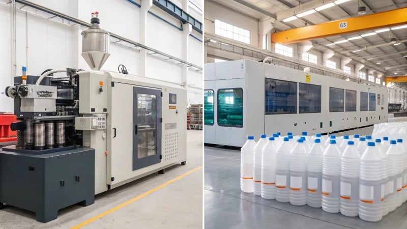 Side-by-side comparison of blow molding and injection molding machines in a factory