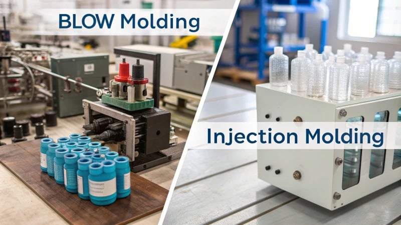 Blow Molding vs Injection Molding Infographic Infographic comparing blow molding and injection molding processes