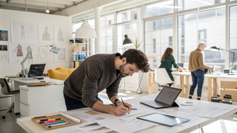 A designer working in a modern studio filled with sketches and models.