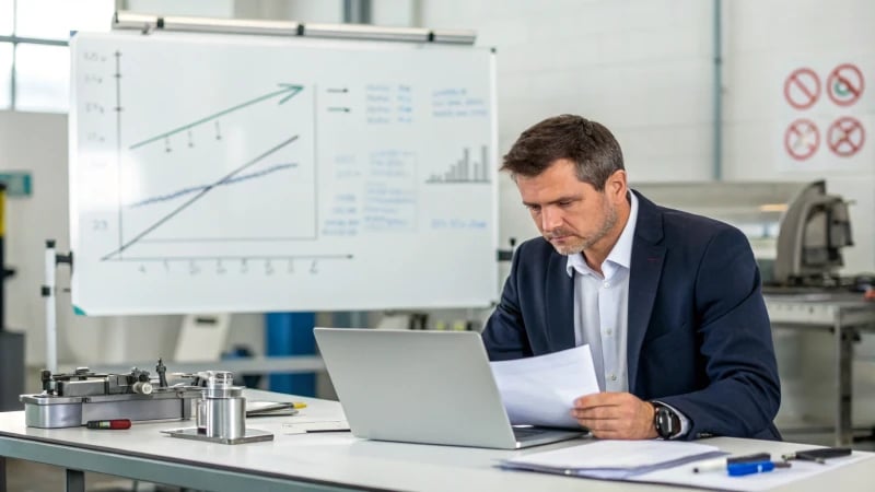 Business professional analyzing documents in a modern office.