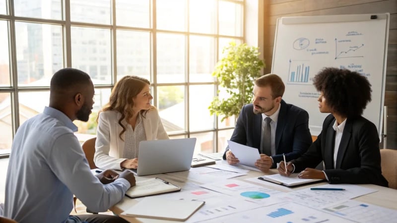 A diverse business team discussing strategies in a conference room.