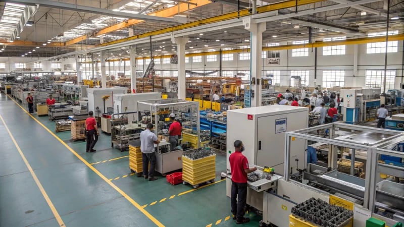 Workers on a factory floor with advanced machinery