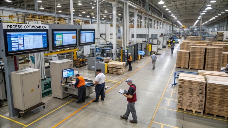 A busy manufacturing floor with advanced machinery and workers