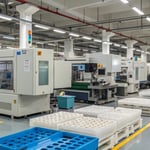 Interior of a busy industrial manufacturing facility with injection molding machines